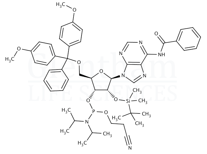 N6-Benzoyl-2''-O-tert-butyldimethylsilyl-5''-O-DMT-adenosine 3''-CE phosphoramidite Structure