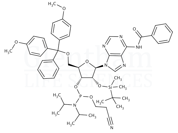 Strcuture for N6-Benzoyl-2''-O-tert-butyldimethylsilyl-5''-O-DMT-adenosine 3''-CE phosphoramidite