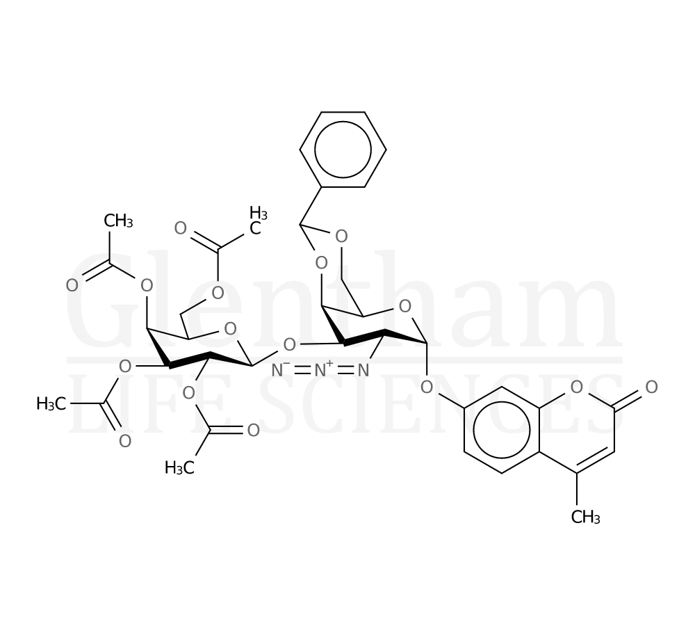 Structure for 4-Methylumbelliferyl 2-azido-2-deoxy-3-O-(tetra-O-acetyl-b-D-galactopyranosyl)-4,6-O-phenylmethylene-a-D-galactopyranoside