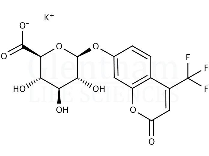 Structure for  4-Trifluoromethylumbelliferyl b-D-glucuronide potassium salt  (143547-78-8)