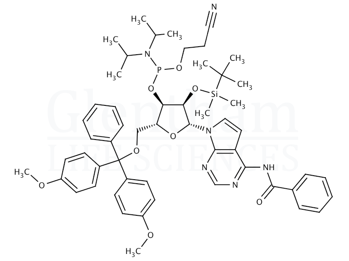 Structure for N6-Benzoyl-2''-tert-butyldimethylsilyl-7-deaza-5''-O-DMT-adenosine 3''-CE phosphoramidite