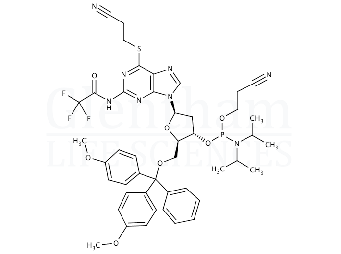 Structure for 6-(2-Cyanoethylthio)-2''-deoxy-5''-O-DMT-N2-trifluoroacetylguanosine 3''-CE phosphoramidite