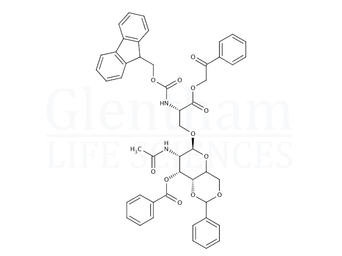 Structure for (S)-O-[2-(Acetylamino)-3-O-benzoyl-2-deoxy-4,6-O-benzylidene-α-D-galactopyranosyl]-N-9-Fmoc-L-serine phenacyl ester (171973-67-4)