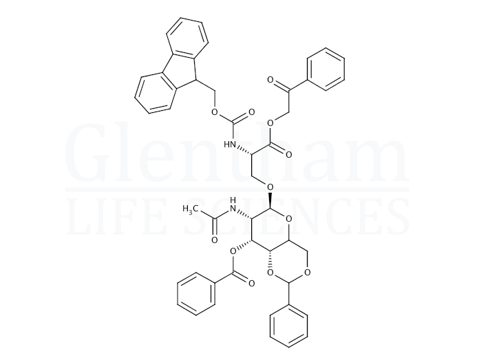 Structure for (S)-O-[2-(Acetylamino)-3-O-benzoyl-2-deoxy-4,6-O-benzylidene-α-D-galactopyranosyl]-N-9-Fmoc-L-serine phenacyl ester