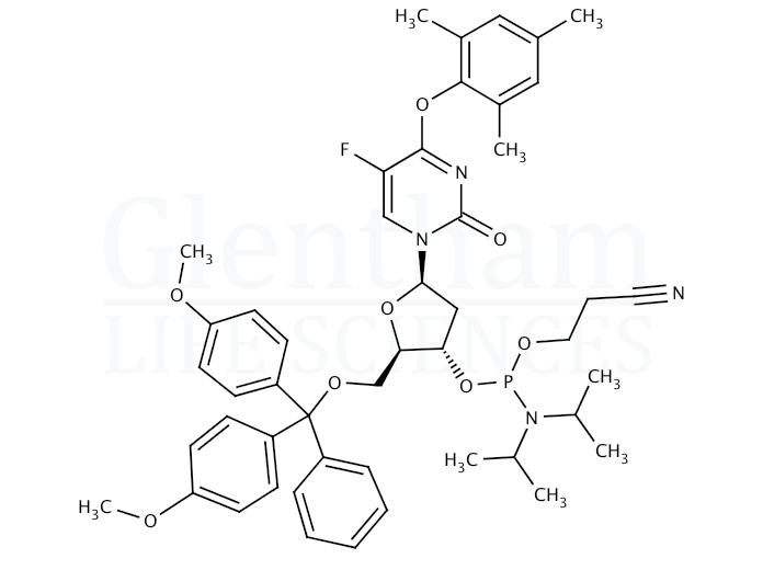 Structure for 2''-Deoxy-5''-O-DMT-5-fluoro-O4-(2,4,6-trimethylphenyl)uridine 3''-CE phosphoramidite