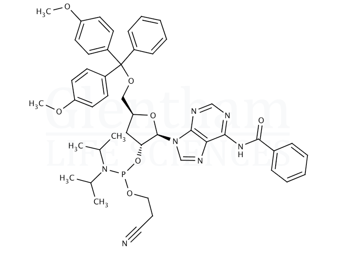 Structure for N6-Benzoyl-5''-O-DMT-3''-deoxyadenosine 2''-CE phosphoramidite