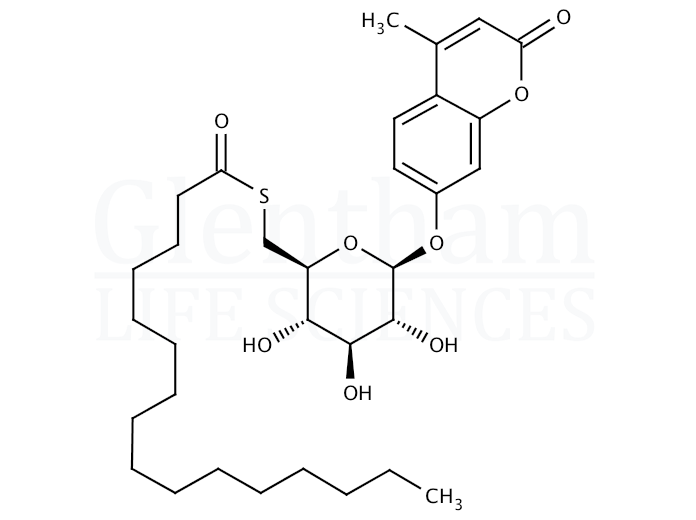 Structure for 4-Methylumbelliferyl 6-Thio-palmitate-β-D-glucopyranoside