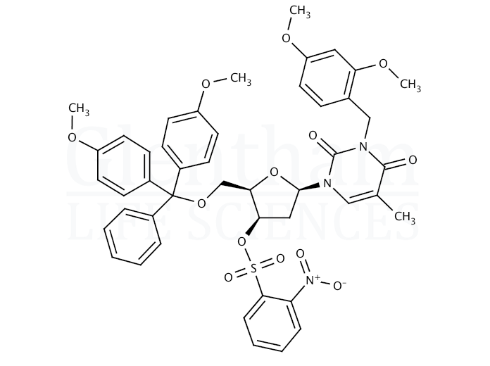 3-N-(2,4-Dimethylbenzyl)-1-[5-O-DMT)-3-O-nitrophenylsulphonyl-2-deoxy-b-D-lyxofuranosyl]thymidine Structure