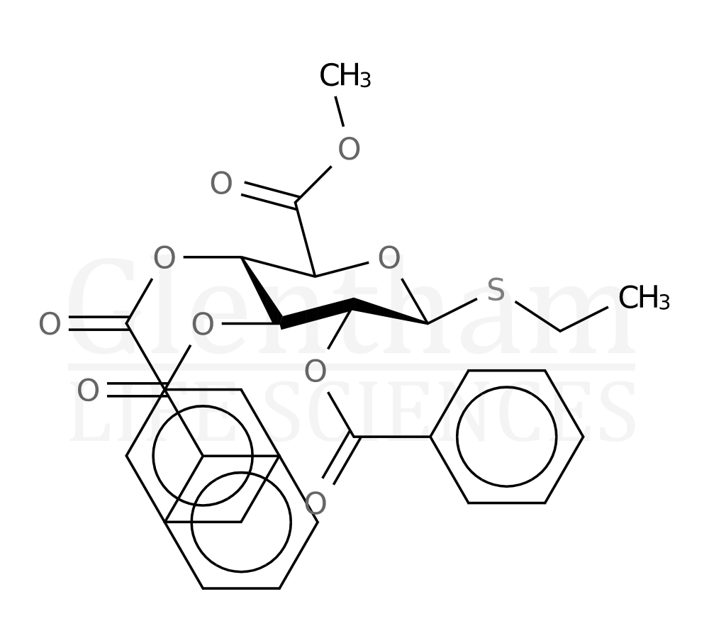 Structure for Ethyl 2,3,4-tri-O-benzoyl-b-D-thioglucopyranosiduronic acid methyl ester
