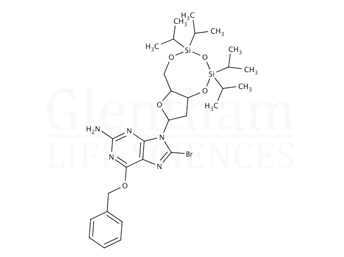 Structure for  O6-Benzyl-8-bromo-N9-[3’,5’-O-(1,1,3,3-tetrakis(isopropyl)-1,3-disiloxanediyl)-b-D-2’-deoxyribofuranosyl]guanine  (328394-26-9)