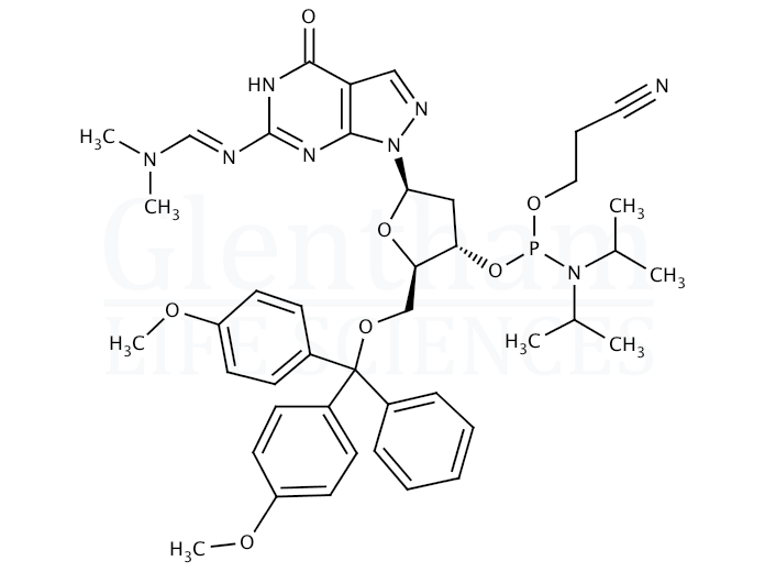 Structure for 8-Aza-7-deaza-2''-deoxy-N2-DMF-5''-O-DMT-guanosine 3''-CE phosphoramidite