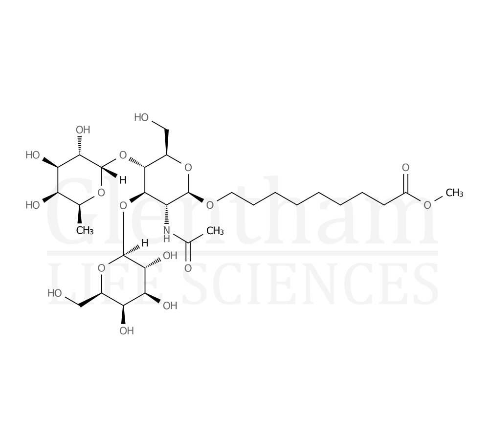8-Methoxycarbonyloctyl 2-acetamido-2-deoxy-4-(a-L-fucopyranosyl)-3-O-(b-D-galactopyranosyl)-b-D-glucopyranoside Structure