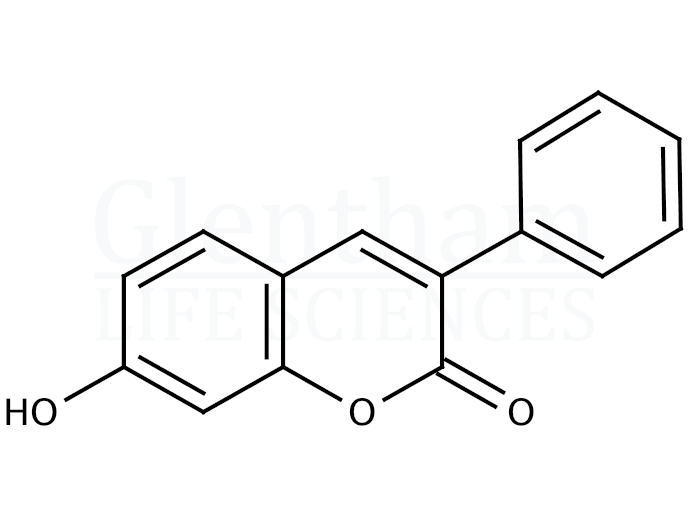 Structure for  7-Hydroxy-3-phenylcoumarin (3-Phenylumbelliferone)  (6468-96-8)