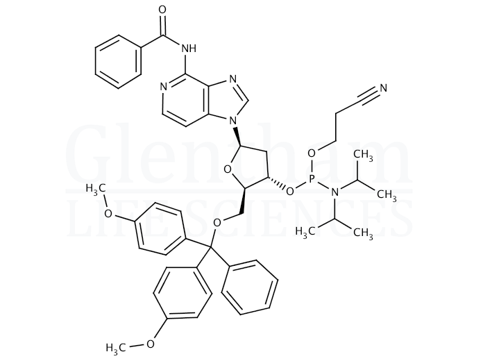 Structure for N6-Benzoyl-3-deaza-2''-deoxy-5''-O-DMT-3-methyladenosine 3''-CE phosphoramidite