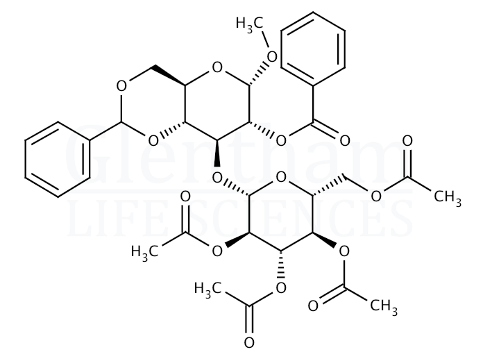 Structure for Methyl 3-O-(2,3,4,6-tetra-O-acetyl-b-D-glucopyranosyl)-4,6-O-benzylidene-2-O-benzoyl-a-D-glucopyranoside