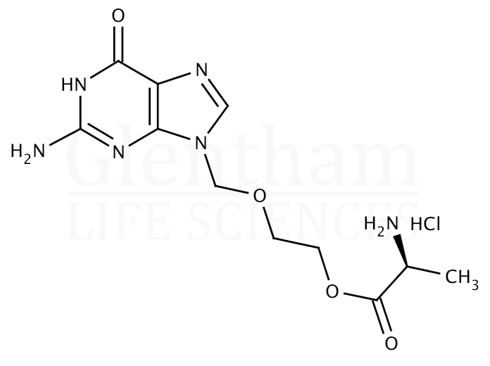 Structure for 9-[[2-(alpha-L-Alanyloxy)ethoxy]methyl]guanine hydrochloride (84499-63-8)