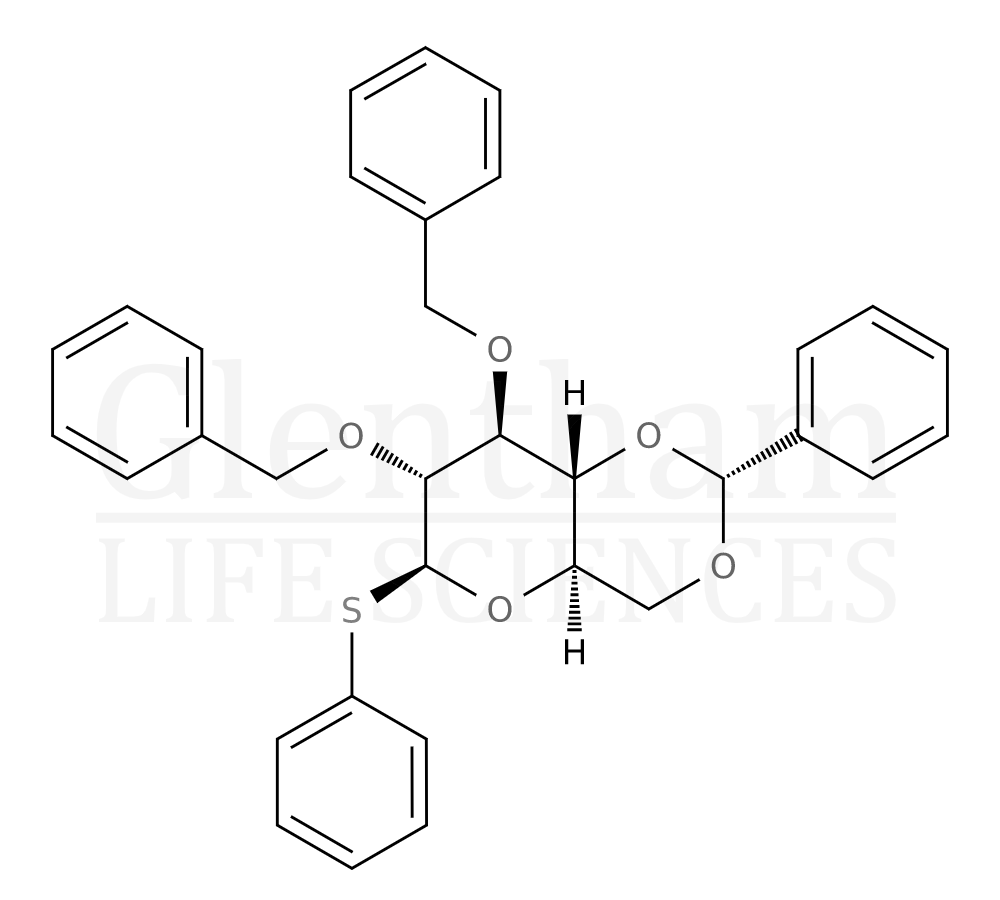 Structure for phenyl 2,3-di-O-benzyl-4,6-O-benzylidene-1-thio-b-D-glucopyranoside  