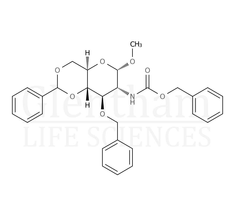 Structure for  Methyl 3-O-benzyl-4,6-O-benzylidene-N-Cbz-α-D-glucopyranosaminide  (87907-34-4)