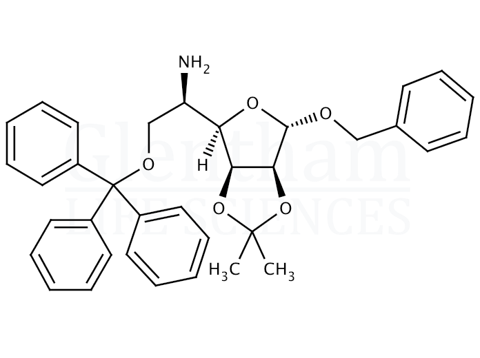 Structure for Benzyl 5-amino-5-deoxy-2,3-O-isopropylidene-6-O-trityl-α-D-mannofuranoside