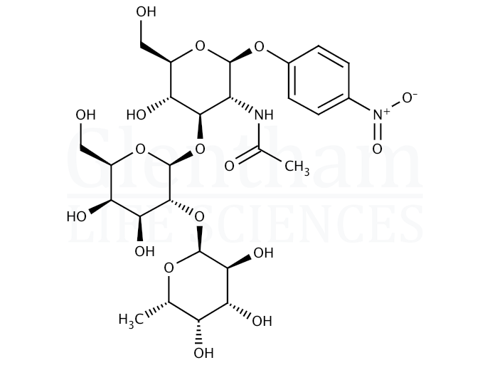 Structure for 4-Nitrophenyl 2-acetamido-2-deoxy-3-O-[2-O-(a-L-fucopyranosyl)-b-D-galactopyranosyl]-b-D-glucopyranoside (93496-53-8)