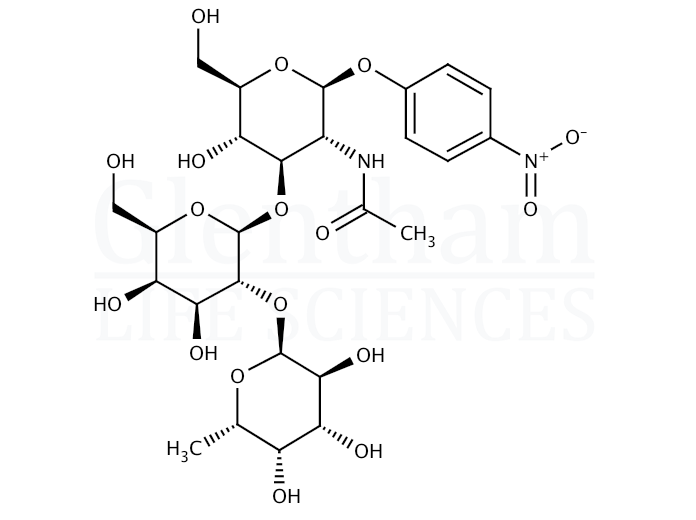 Structure for  4-Nitrophenyl 2-acetamido-2-deoxy-3-O-[2-O-(a-L-fucopyranosyl)-b-D-galactopyranosyl]-b-D-glucopyranoside  (93496-53-8)