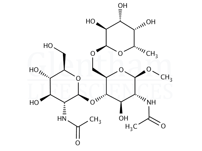 Structure for  Methyl 2-acetamido-4-O-(2-acetamido-2-deoxy-b-D-glucopyranosyl)-2-deoxy-6-O-(a-L-fucopyranosyl)-b-D-glucopyranoside  (97242-84-7)