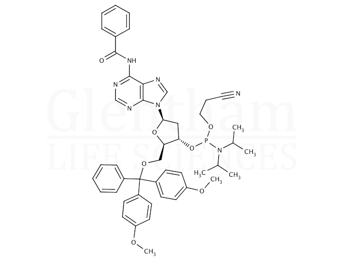 Structure for N6-Benzoyl-2''-deoxy-5''-O-DMT-adenosine 3''-CE phosphoramidite